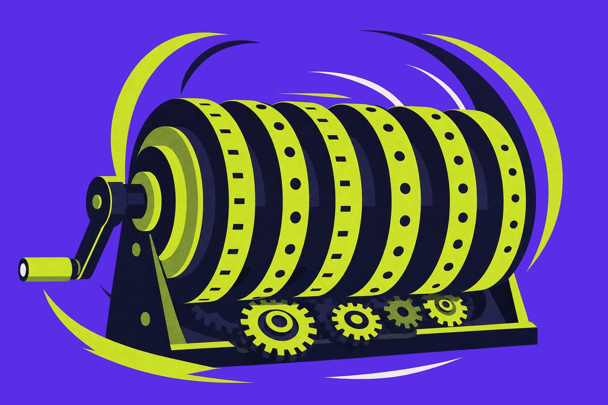 Illustration eines mechanischen Zählwerks mit drehenden Rädern, Zahnrädern und Kurbel